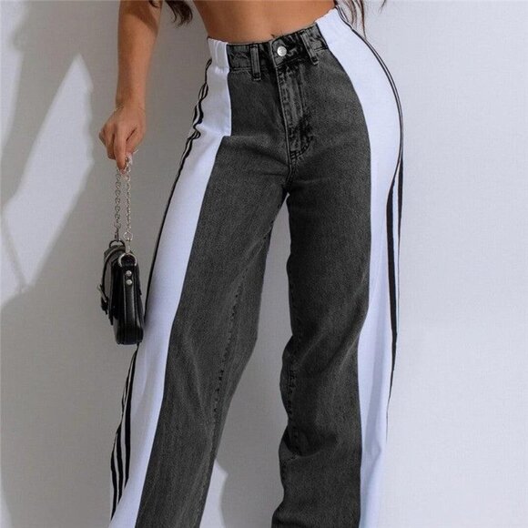 Wide-Leg Green and Black Striped Contrast Denim Jeans – M, L, XL - Picture 3 of 6